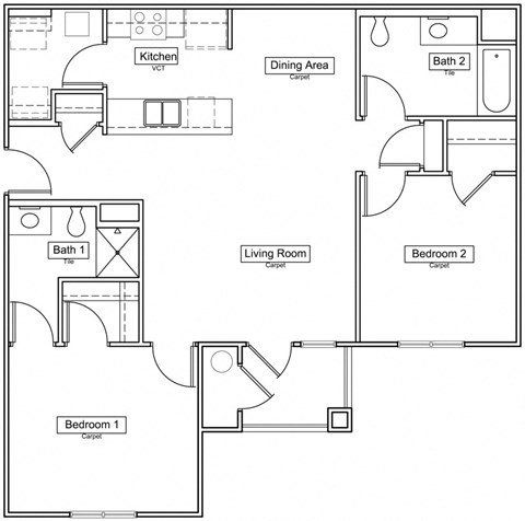 Floor plan for 2 beds, 2 baths, 1012 sqft